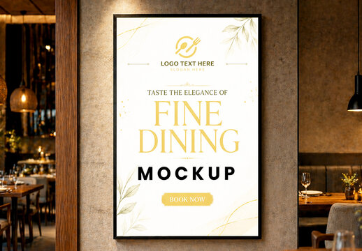Vertical Fine Dining Poster Mockup Hanging on Wall in Luxury Restaurant Interior