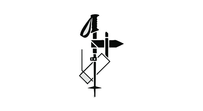 Trekking pole and directional signpost combined into a singular graphic icon represent the adventurous spirit of outdoor exploration and navigating through rugged wilderness terrain for hikers.