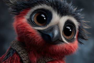 Fototapeta premium animal by ai, cute furry baby owl bird, big open eyes, dark background, photorealistic