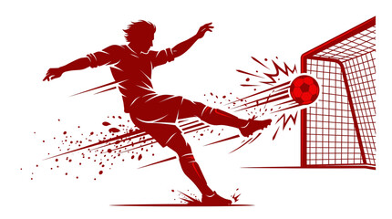 Red silhouette vector illustration of a soccer player shooting the ball into the goal, isolated on white © Dina