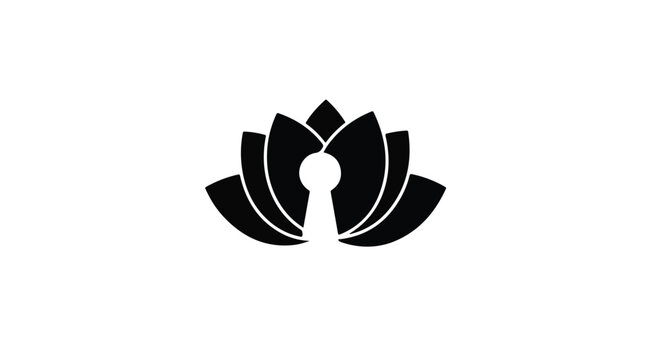 Lotus flower icon integrated with a keyhole design represents a symbolic opening to spiritual enlightenment and inner wisdom within a clean, minimalist graphic illustration for modern branding.