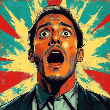 Stylized frontal male portrait in suit with short hair and strong jaw against vibrant sunburst rays and distressed retro pop-art background conveying bold confidence and heroism