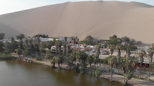 Aerial view of Huacachina Oasis in the desert of Ica, Peru.