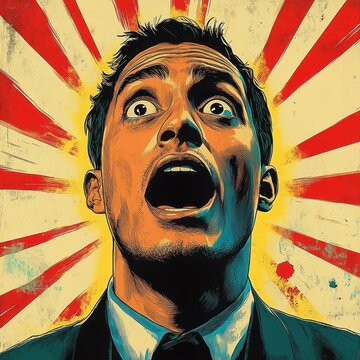 stoic suited man portrait with bold red sunburst rays and textured vintage pop art poster conveying confidence and heroic resolve