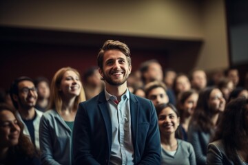 Obraz premium Smiling man and diverse audience listening attentively at a business event