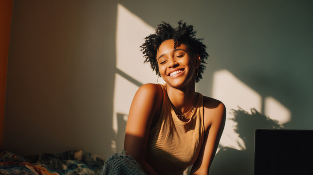 Spontaneous candid moment of person smiling during video call, natural shadows