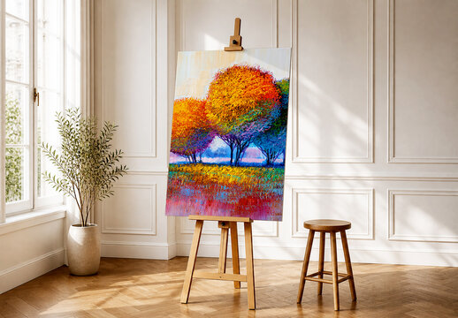 Canvas Art Mockup on Wooden Easel in Bright Minimalist Studio Interior