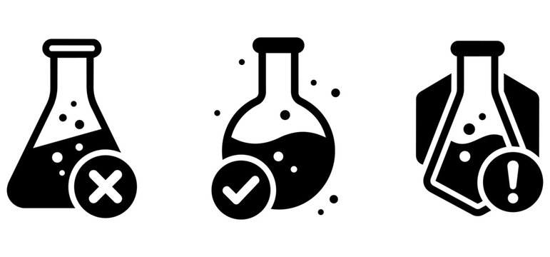 Chemical test result icons set with pass, fail, and warning symbols