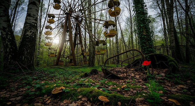 Abandoned Ferris wheel in the overgrown Pripyat amusement park in Chernobyl exclusion zone.