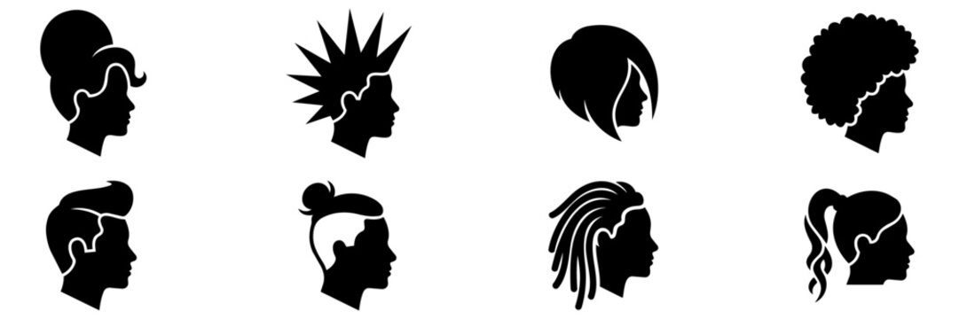 Hairstyle icon set with different male and female profile silhouettes