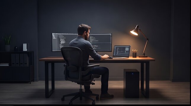 Midnight Code Craft: Developer Workspace with Dual Monitors and Ergonomic Setup