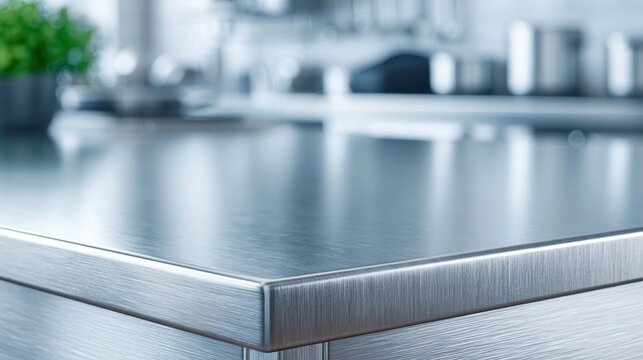 Close up of clean shiny metal surface edge in modern kitchen environment with blurred background stainless steel countertop for professional cooking area