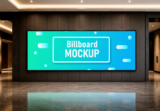 Horizontal Billboard Mockup on Dark Wooden Wall in Modern Luxury Lobby