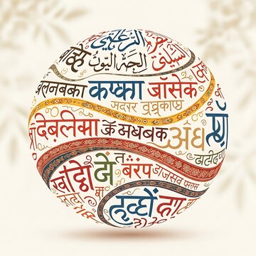 Abstract globe illustration with creative Hindi and Sanskrit script typography.