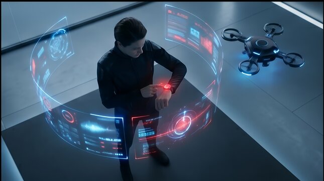 Futuristic Drone Control: Holographic Interface with Smartwatch Tech