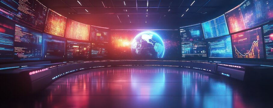Futuristic command center with panoramic curved data screens, holographic Earth globe at center, glowing blue and red neon lighting, reflective floor, immersive high-tech atmosphere of awe and focus