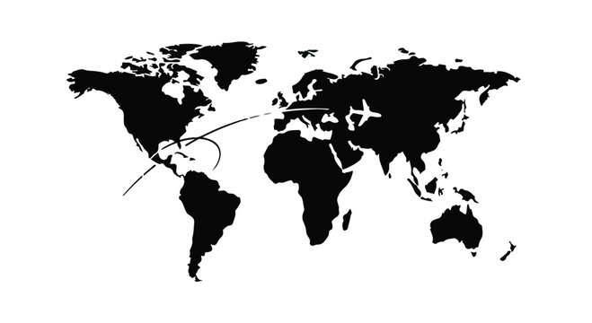 World map featuring a stylized airplane flight path trajectory illustrates global connectivity, international business travel, logistics, tourism, and the reach of modern aviation networks clearly.