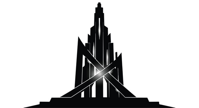 Skyscraper architecture silhouette stylized with geometric structural beams highlights the imposing power of urban development and modern engineering achievements in a bustling metropolitan center.
