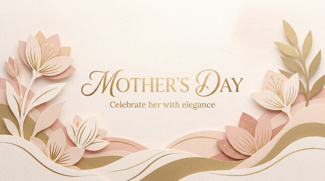 Delicate Mother's Day Banner with Stylized Blossoms and Golden Text, Perfect for Festive Greetings and Appreciation