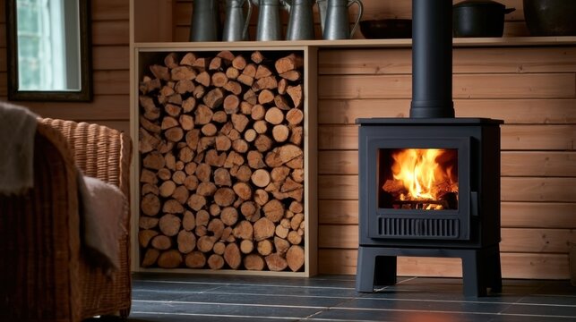 Cozy burning wood stove with bright flame inside wooden cabin interior stacked firewood wicker chair and warm atmosphere natural light window