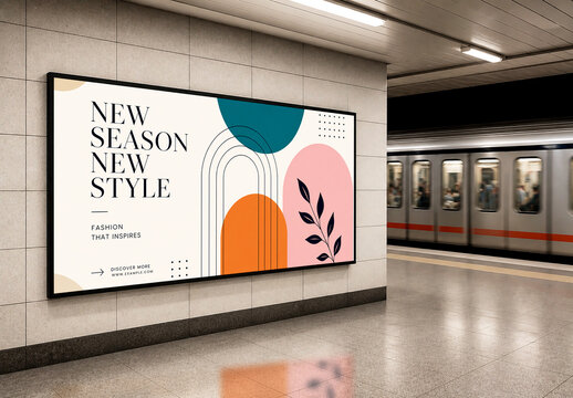 Horizontal Billboard Mockup on Subway Station Wall with Motion Blur Train