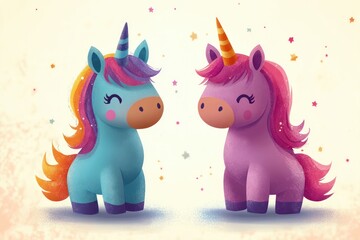 Obraz premium two smiling pastel unicorns with rainbow manes and glittery horns standing side by side among floating stars and sparkles, cheerful whimsical mood