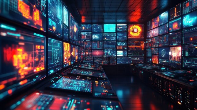 dark futuristic command center with rows of consoles, a wall of glowing blue and orange monitors and interactive digital dashboards, intense focused atmosphere