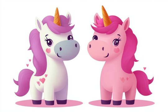 Two smiling pastel unicorns, one white and one pink, with purple manes, golden horns and heart markings standing on pink ovals, playful and affectionate expression