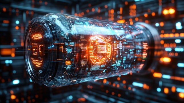 transparent glass cylinder with a glowing orange digital core suspended in a neon blue and orange circuit-filled chamber emitting intense futuristic energy and motion