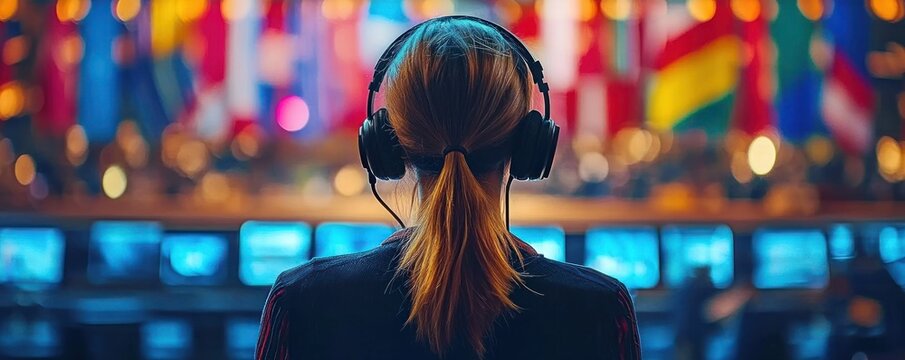 focused operator with headphones and ponytail watching multiple monitors in a dim control room with blurred colorful flags and bokeh lights