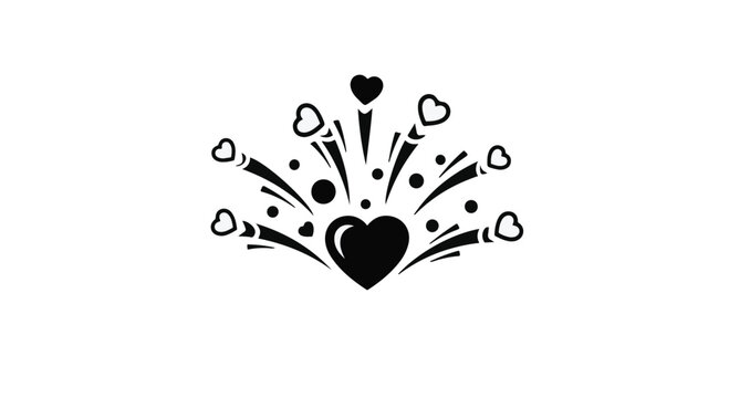 Heart icon exploding with smaller love symbols illustrates the concept of happiness and romantic joy through a clean and bold graphic design suitable for celebratory greeting cards or media.