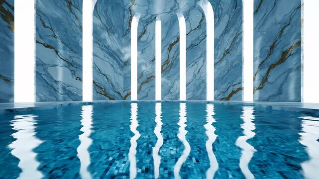 Interior of an ethereal blue marble chamber featuring a circular tranquil pool of water with vertical light beams reflecting on a polished stone floor under architectural arches.