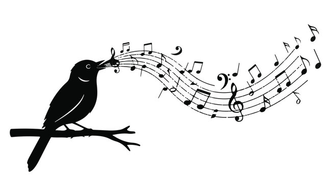 Songbird perched on a thin branch releases a flowing stream of musical notes from its beak to symbolize nature, artistic expression, melody, harmony, and the peaceful beauty of the outdoors.