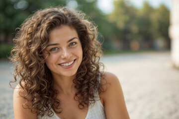 Naklejka premium Portrait of happy curly European woman on a blurred background