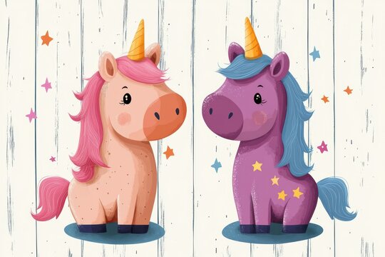 two smiling cartoon unicorns with pink and blue manes and golden horns standing on blue ovals against a white wooden plank background with colorful stars, playful and whimsical