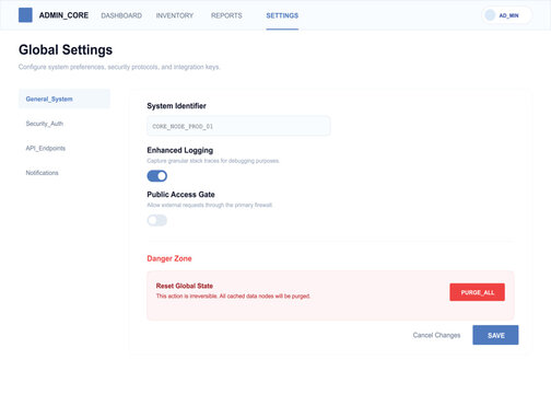 Web interface, settings panel, global configuration, system settings vector