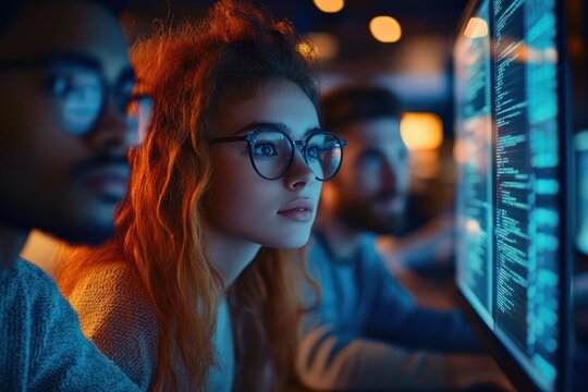 Focused developers working late at glowing monitors filled with code in a dim office, concentrated and collaborative atmosphere with warm bokeh lighting