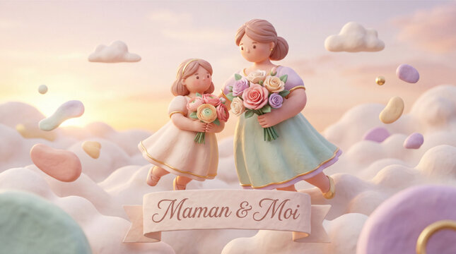 Sweet Mother and Daughter Embrace, Floating Amongst Clouds with Flowers, Maman & Moi