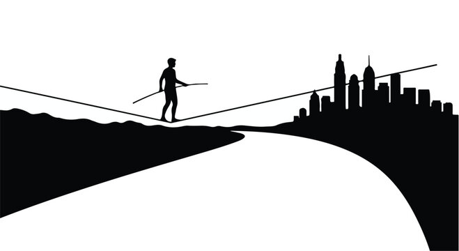 Tightrope walker balances carefully on a thin cable suspended high above a stylized urban cityscape silhouette to represent the fragile nature of personal risk management in modern business.