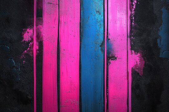vibrant vertical pink and blue paint stripes on textured black background with drips and splatters, bold energetic urban abstract