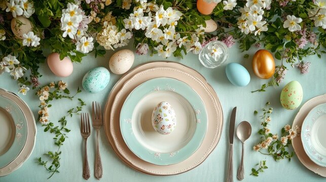 Elegant pastel spring table setting with layered mint and cream plates, silver cutlery, a decorated center egg, assorted painted and speckled eggs and white blossoms in a cheerful, serene mood