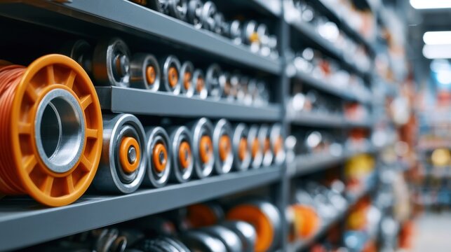 Close-up of mechanical bearing with orange spacer on metal rack in industrial warehouse showing various parts in organized storage system with depth of field effect