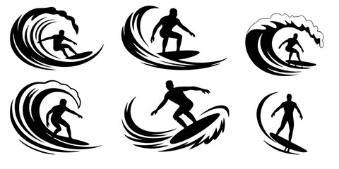 Black silhouette collection of surfers with surfboards in standing and riding poses surfer in on a wave, summer ocean sport lifestyle illustration set for beach and surfing