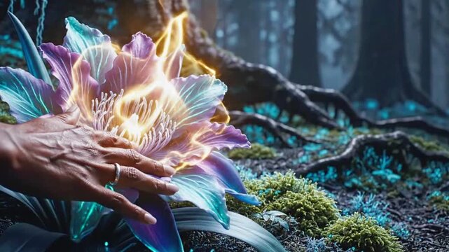 A person's hand reaches out to touch a large, bioluminescent purple and blue flower in a dark fantasy forest. The flower ignites with golden energy and sparks upon contact.