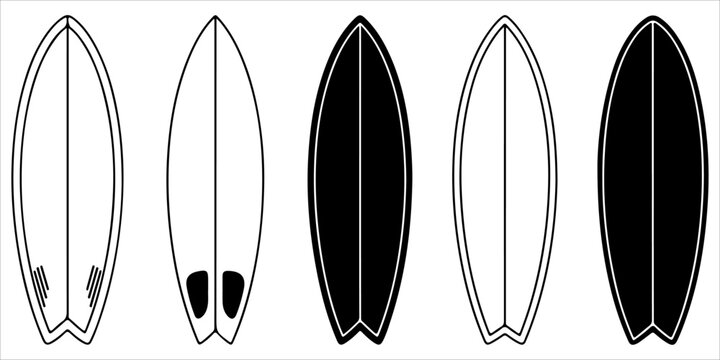 Minimal surfboard silhouette collection with black and white vector style layouts showing top, bottom and fin placement variations