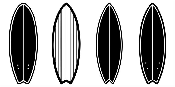 Minimal surfboard silhouette collection with black and white vector style layouts showing top, bottom and fin placement variations