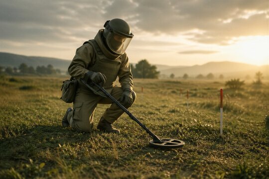 De-miner in protective suit using metal detector on field. Specialist clearing dangerous area from explosives. Dangerous work, safety, military engineering and explosive ordnance disposal training