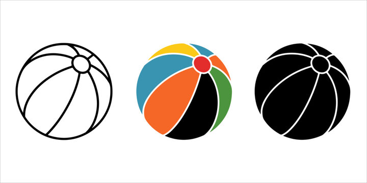 Beach ball silhouette and outline icon collection with black and white inflatable summer toy variations isolated on gray background in minimal vector style