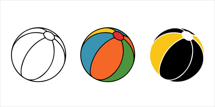 Beach ball silhouette and outline icon collection with black and white inflatable summer toy variations isolated on gray background in minimal vector style
