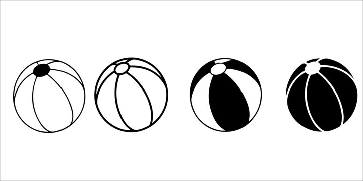 Beach ball silhouette and outline icon collection with black and white inflatable summer toy variations isolated on gray background in minimal vector style